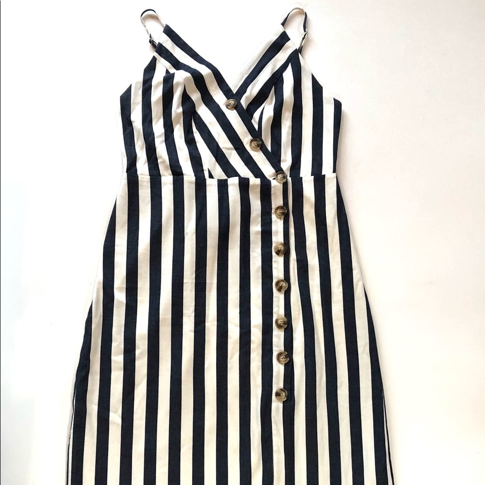 NWT Maris Dehart Navy Striped Summer Linen Dress Spaghetti Strap